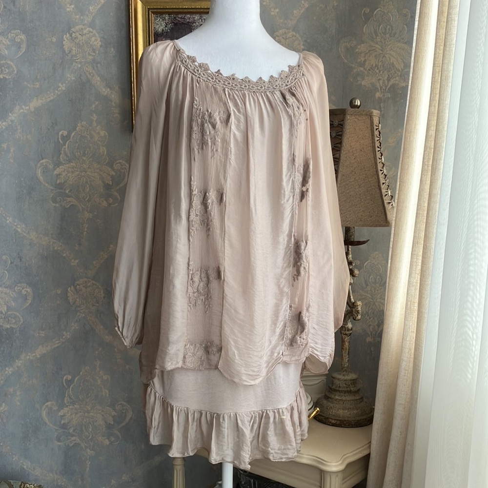 Taupe Lace Insert Bishop Sleeve Silk Blend Blouse